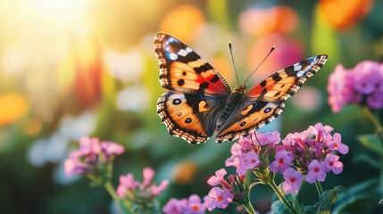 Obraz premium A vibrant butterfly resting gently upon blooming flowers in sunshine