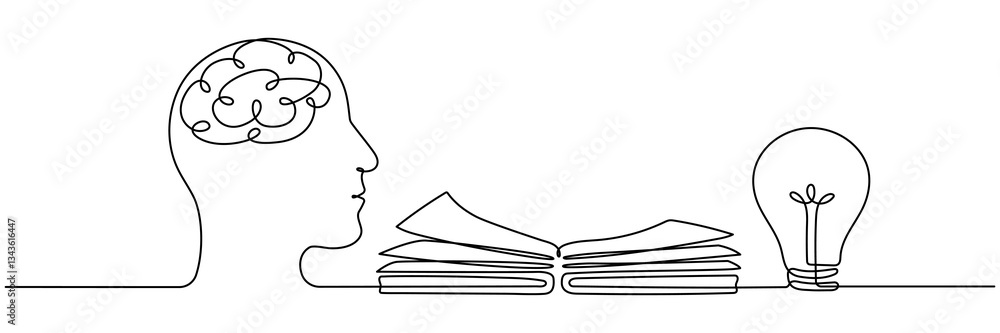 Poster head with open book and lightbulb continuous line drawing. creative idea process concept. brainstorm