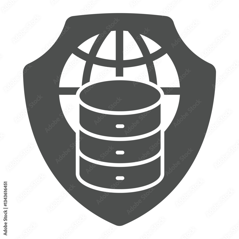 Poster world globe, disks on shield solid icon, data protection concept. vector graphics. safety emblem wit
