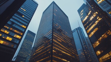 Skyscrapers towering over the viewer displaying the glow of bustling urban life