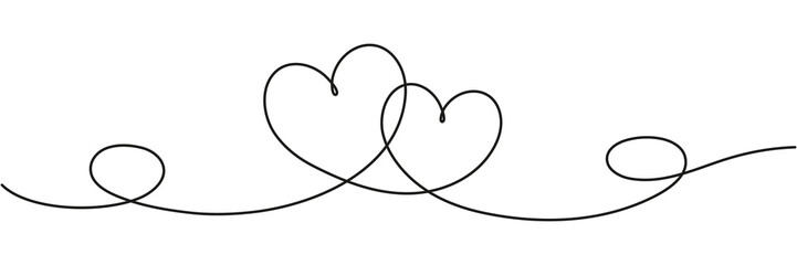 Two hearts continuous line art drawing. Double heart wavy line. Love relationship concept. Vector hand drawn illustration isolated on white.