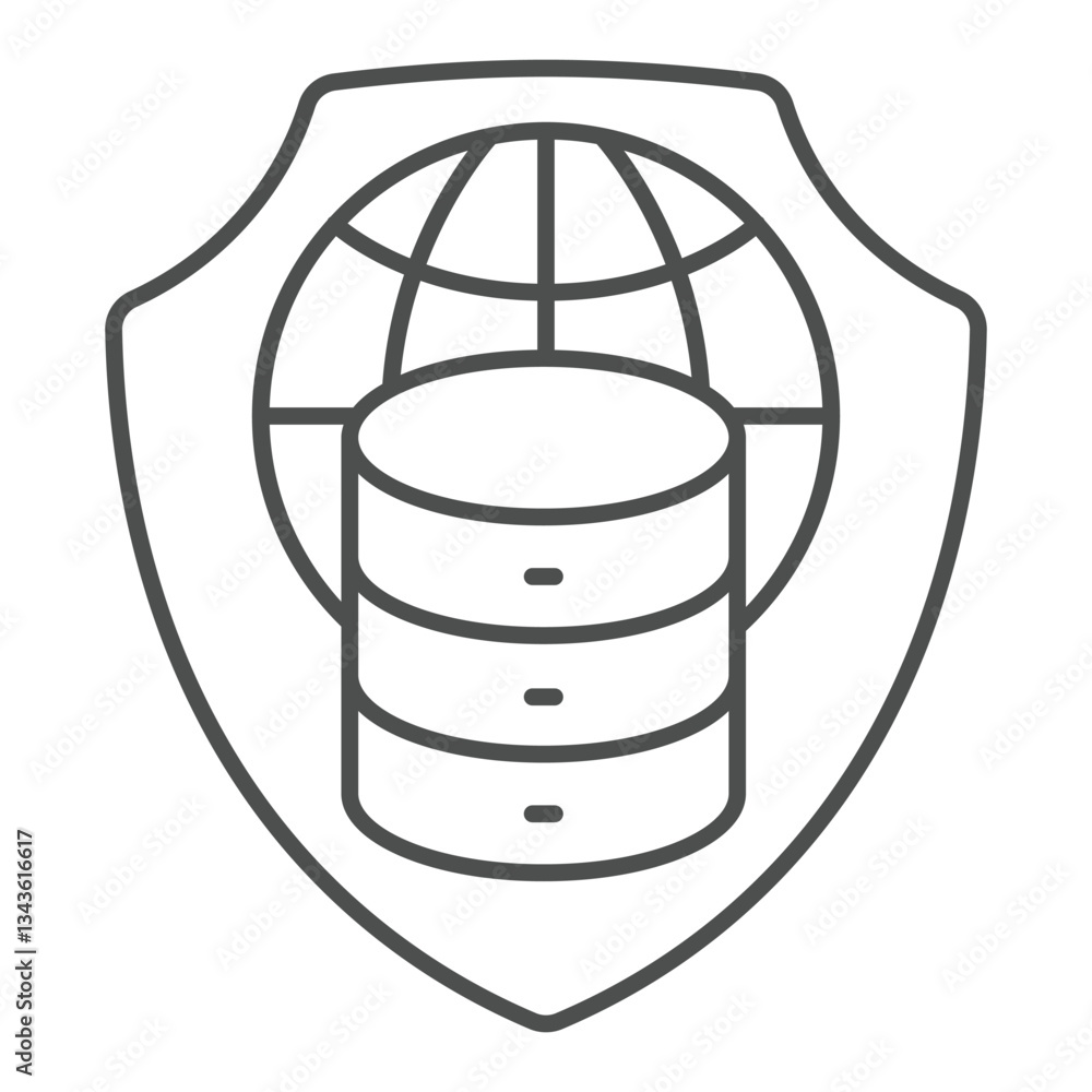 Poster world globe, disks on shield thin line icon, data protection concept. vector graphics. safety emblem