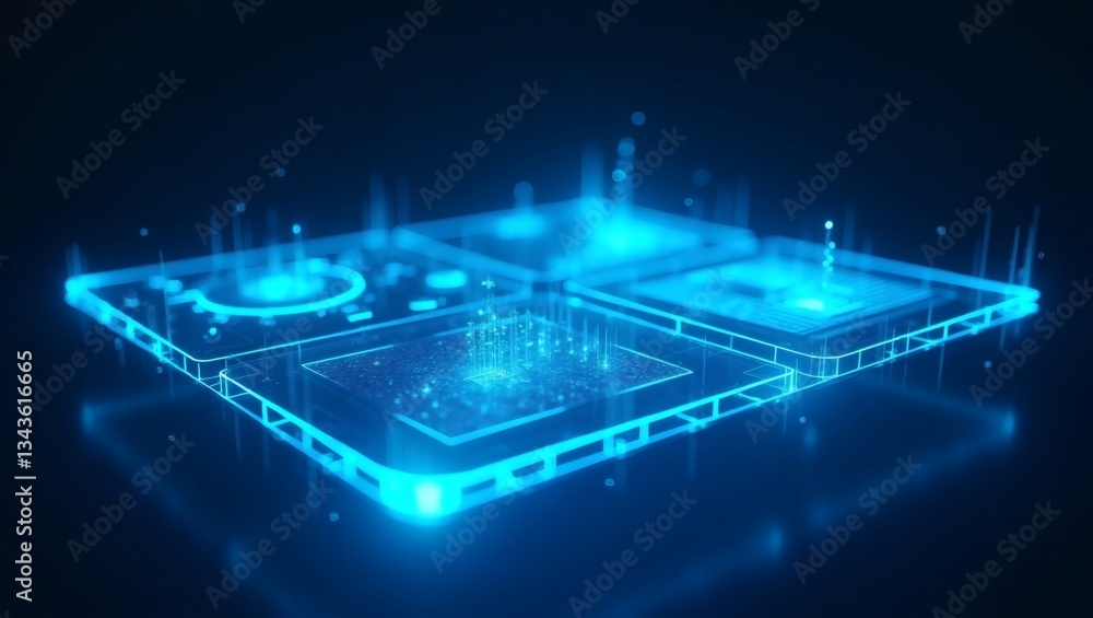 Poster futuristic computer processors with glowing blue lights and interconnected data
