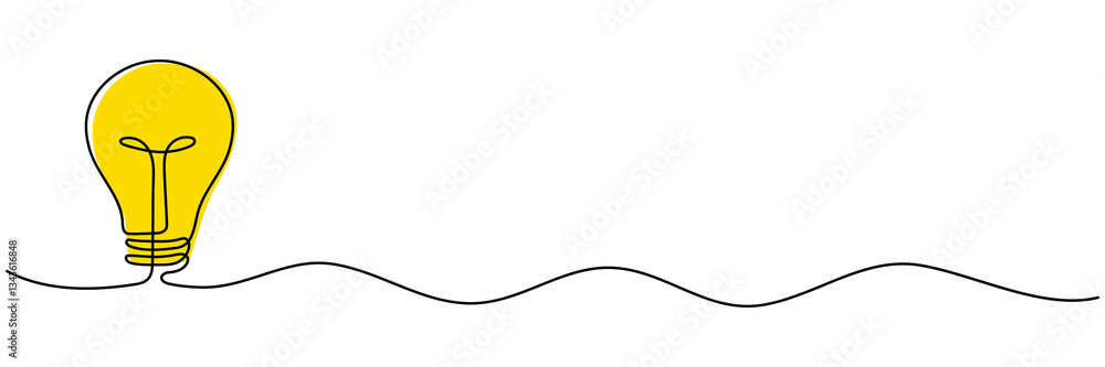 Poster lightbulb with yellow light continuous line drawing. idea concept. electric lamp. brainstorm symbol.