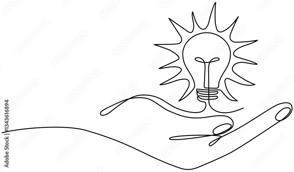 Poster lightbulb on hand continuous line drawing. electric lamp. brainstorm linear symbol. insight concept.