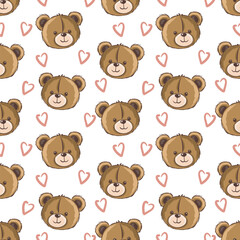 Seamless teddy bear pattern with hearts for playful designs. Vector illustration