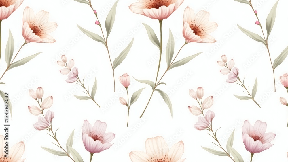 Poster a floral pattern featuring delicate, watercolor-style flowers and leaves, creating a soft and elegan