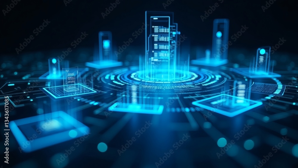 Poster futuristic digital technology concept, data transfer and exchange of information visualized with glo