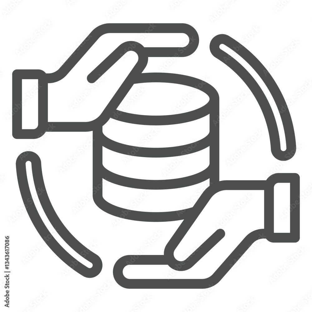 Poster hands with storage array line icon, data hoarding concept. vector graphics. hard disks space sign on