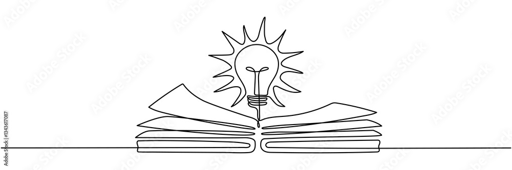 Poster lightbulb above open book continuous line art drawing. line idea symbol. wisdom concept. vector illu