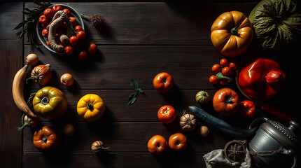 Naklejka premium A dreamlike, surreal top-down view of a wooden table with fruits and vegetables, rendered in high contrast low-key lighting,