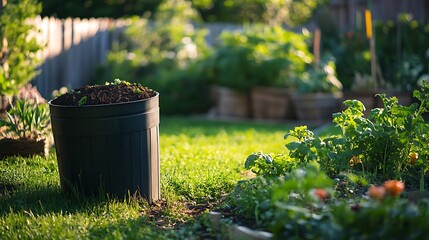 Black trash can in the garden with green grass