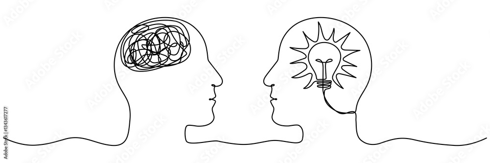 Aufkleber continuous line drawing human heads with light bulb and confused thoughts. mental health linear conc