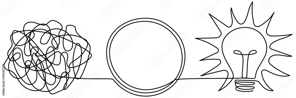 Poster chaotic and mess lines with lightbulb continuous line drawing. problem solving concept. creating ide