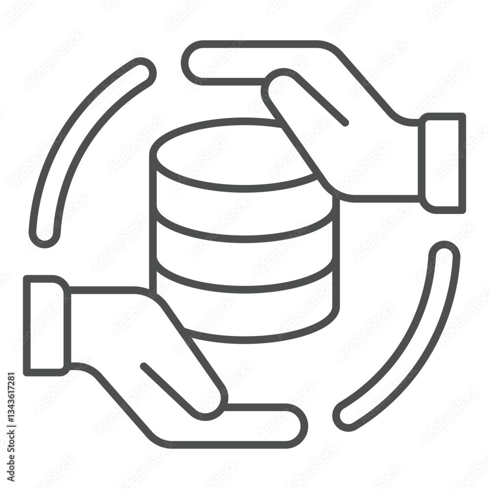 Poster hands with storage array thin line icon, data hoarding concept. vector graphics. hard disks space si