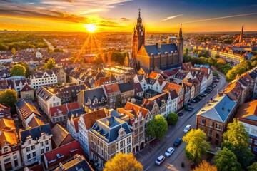 Aerial Cityscape Painting, Golden Hour Drone Photography, Urban Panorama, Sunset City View