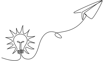 Light bulb with flying paper plane continuous line drawing. Idea conceptual symbol. Insight concept. Vector illustration isolated on white.