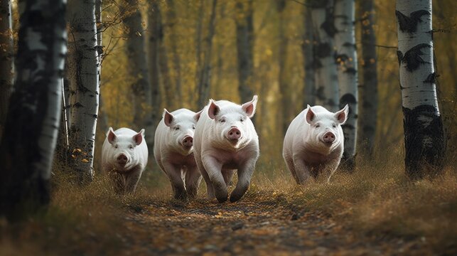 Four pigs running towards the camera on a forest path lined with birch trees in autumn.