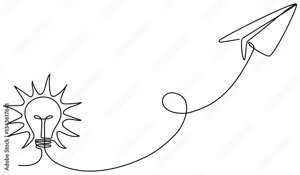 Aufkleber light bulb with flying paper plane continuous line drawing. idea conceptual symbol. insight concept.
