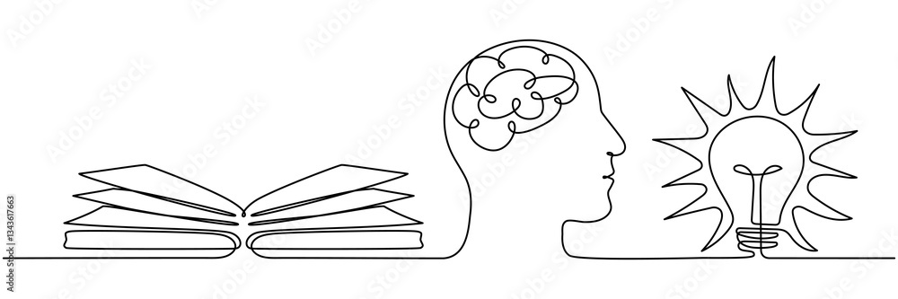 Poster head with open book and lightbulb continuous line drawing. creative idea process concept. brainstorm