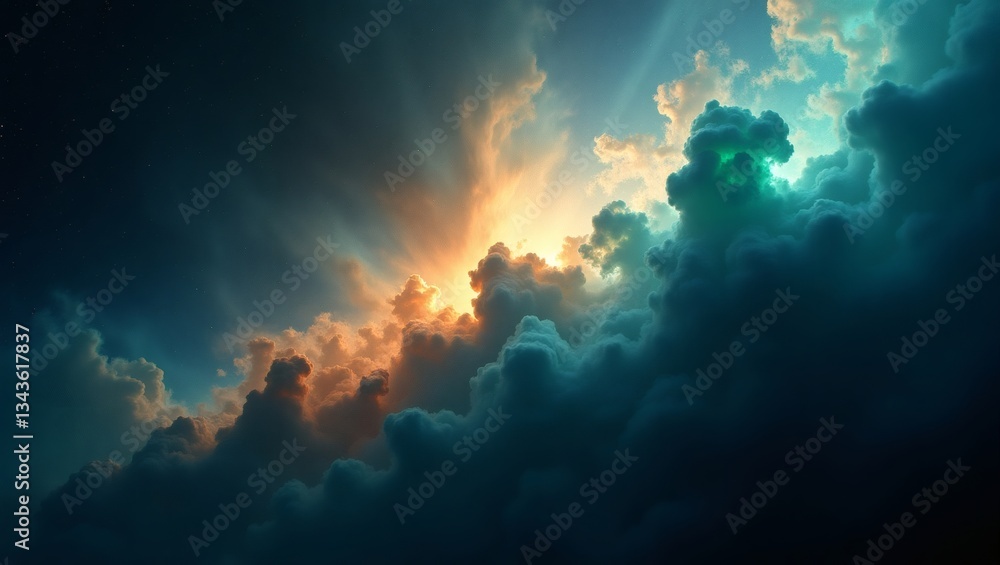 Poster glorious clouds illuminated by the sun's golden rays, creating a celestial spectacle. The clouds appear to be a deep color.