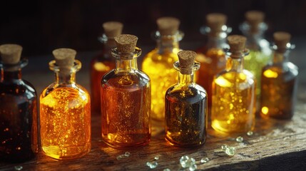 Assorted glass bottles containing vibrant herbal tinctures with golden and amber liquids arranged on a wooden surface