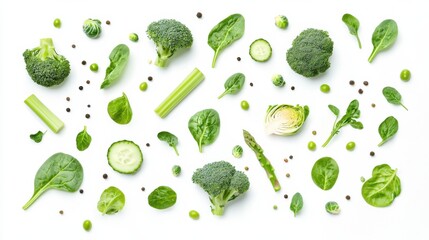 Spinach, broccoli, brussel sprouts, asparagus, pak choi, celery, onion, cucumber, pepper, bean isolated on white background. Healthy green vegetable collection. Design element. Top view, flat lay 