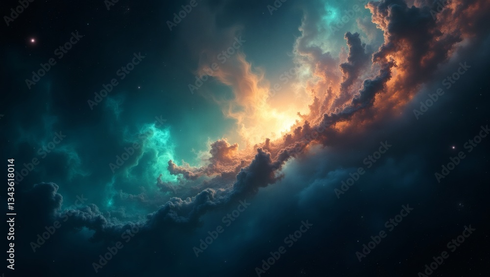 Poster a stunning depiction of a nebula in space, with vibrant colors and ethereal clouds