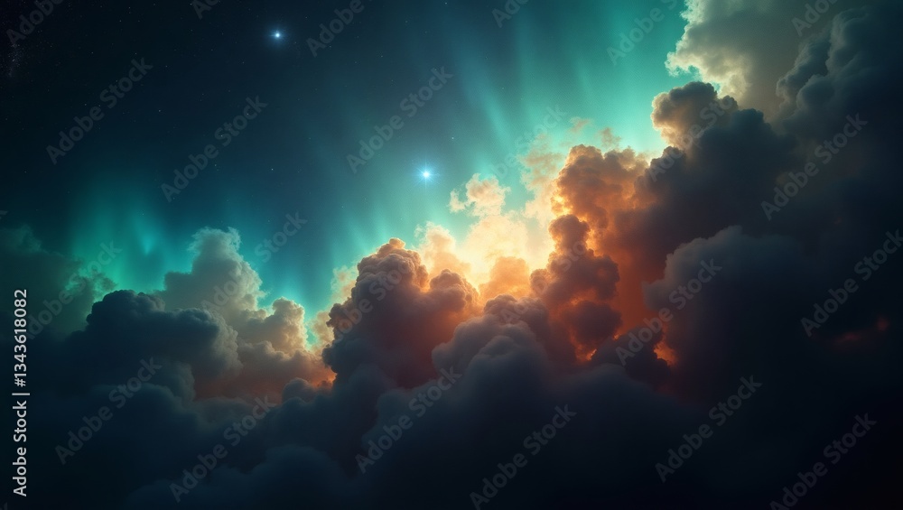 Poster a mesmerizing scene of a celestial panorama featuring vibrant clouds and stars illuminating the nigh