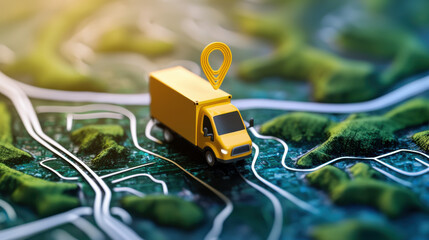 yellow delivery truck on 3D map with location marker symbolizes route planning