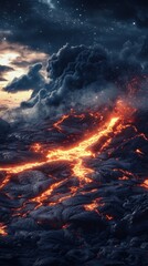 Glowing lava flows under a starry night sky highlight the raw power of nature in a dramatic landscape near an active volcano