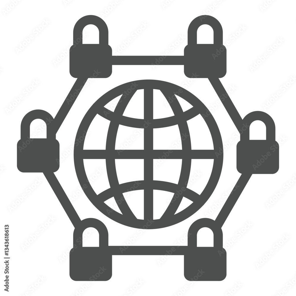 Poster user network with world globe solid icon, data exchange concept. vector graphics. blockchain peer te