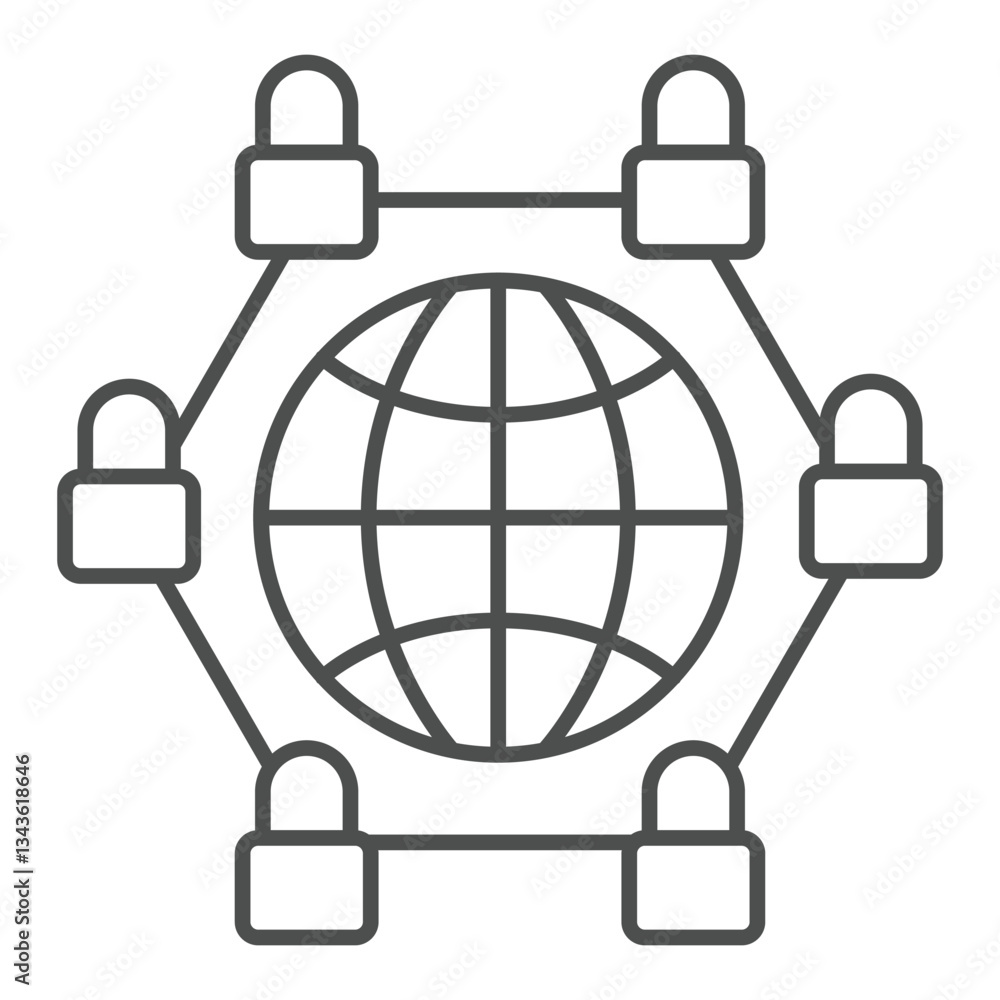 Poster user network with world globe thin line icon, data exchange concept. vector graphics. blockchain pee