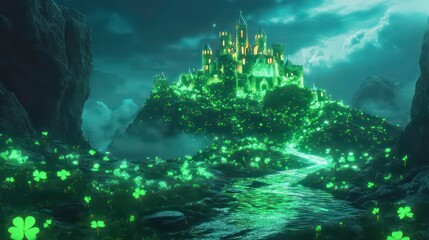 Glowing green castle on hilltop, illuminated at night, surrounded by glowing shamrocks and stream.