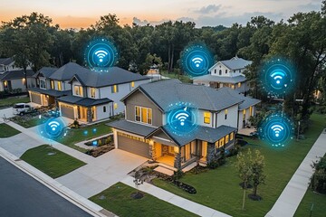Modern suburban homes displaying strong wifi signal strength during sunset