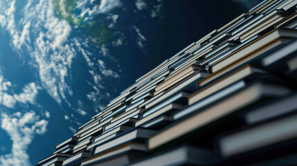 vast collection of books forms wall against backdrop of Earth from space, symbolizing global knowledge