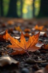 Dried leaves with subtle sheen on forest floor, organic, leaves