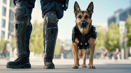 Police officer and robotic canine patrol city street, showcasing teamwork and technology
