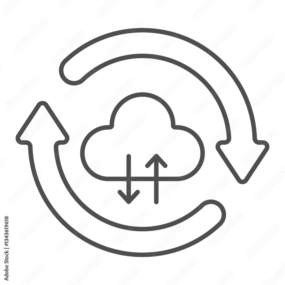 Poster circular arrows with cloud thin line icon, data sharing concept. vector graphics. cloud storage sync
