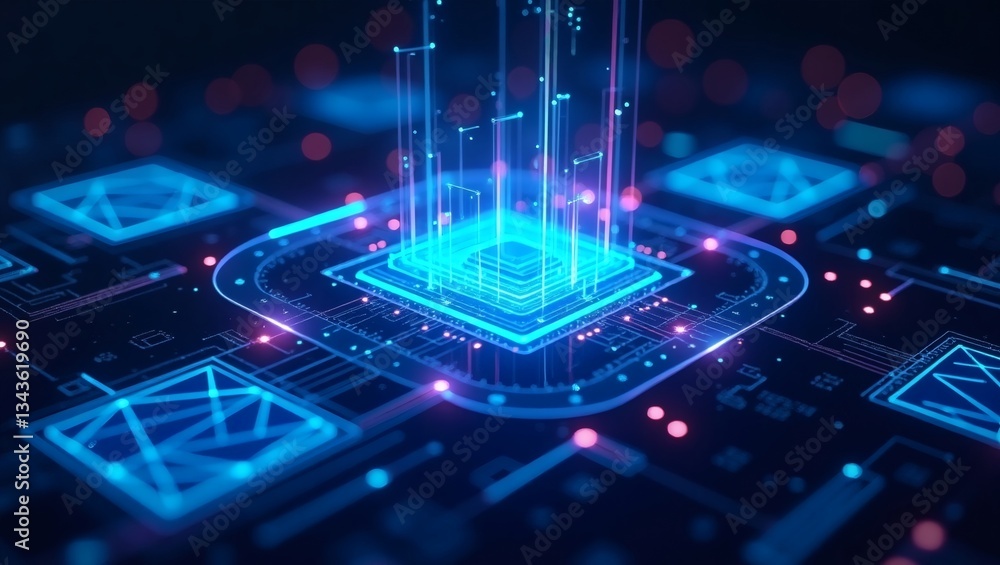 Fototapete a digital representation of a computer processor with glowing lines and geometric shapes
