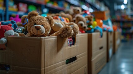 Cardboard boxes filled with stuffed animals in a toy storage room