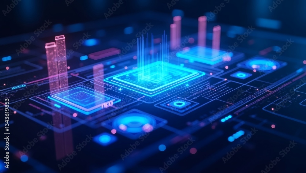 Poster glowing computer chip with intricate circuits, representing technology and innovation