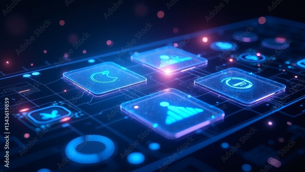 Poster a futuristic smartphone with glowing digital user interface. the screen features neon-colored icons 