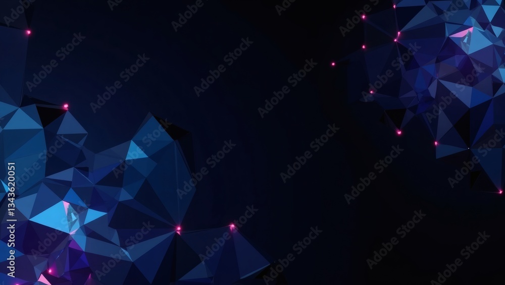 Poster abstract technology background, with a network of connected points and lines and geometric shapes, in shades of blue, purple, and red, perfect for use in science, data, and IT-related design projects