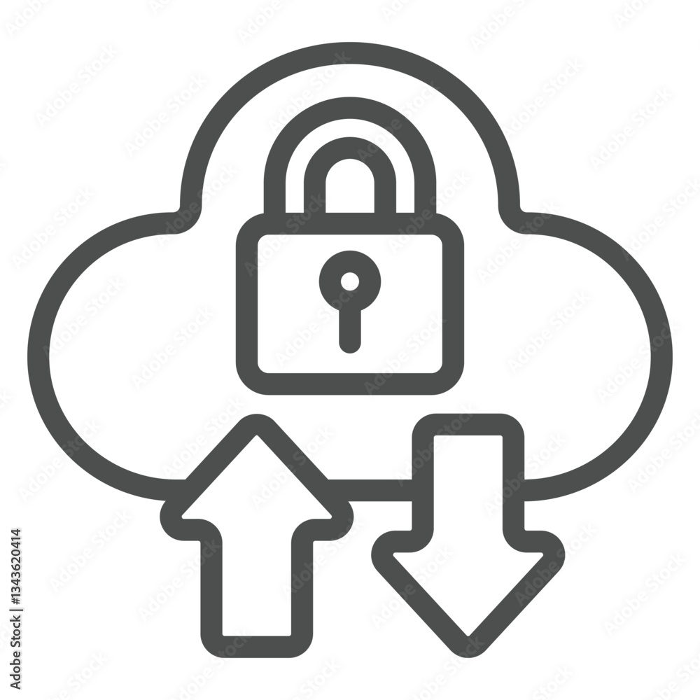 Poster cloud with lock and arrows line icon, data protection concept. vector graphics. secure uploading sig