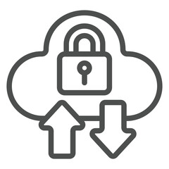 Cloud with lock and arrows line icon, data protection concept. Vector graphics. Secure uploading sign on white background, outline style icon for mobile or web design.