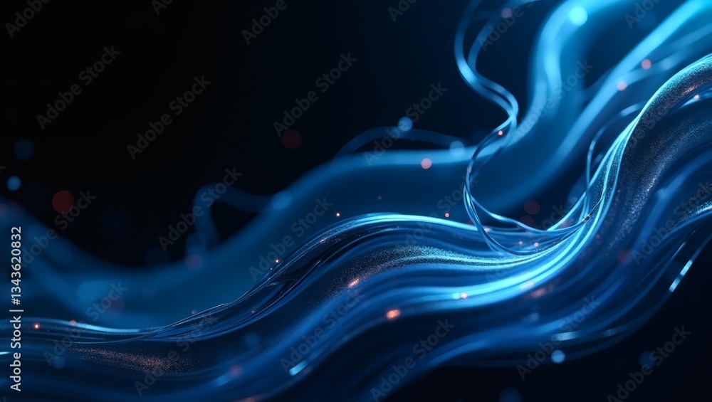 Poster glowing blue lines swirling dynamically, creating a visually stunning and abstract composition. The lines appear to be moving and interacting, creating a sense of energy and flow.