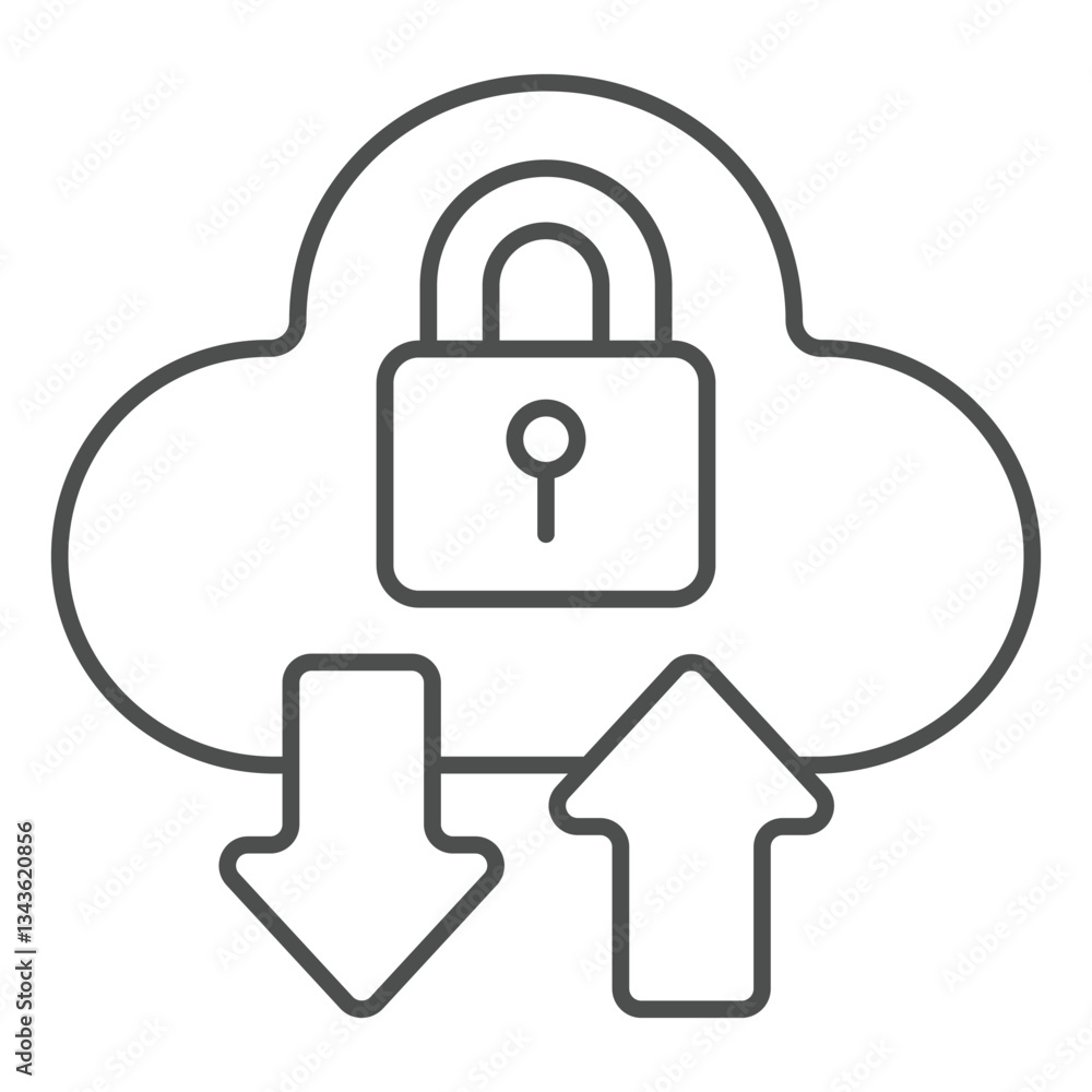 Poster cloud with lock and arrows thin line icon, data protection concept. vector graphics. secure uploadin
