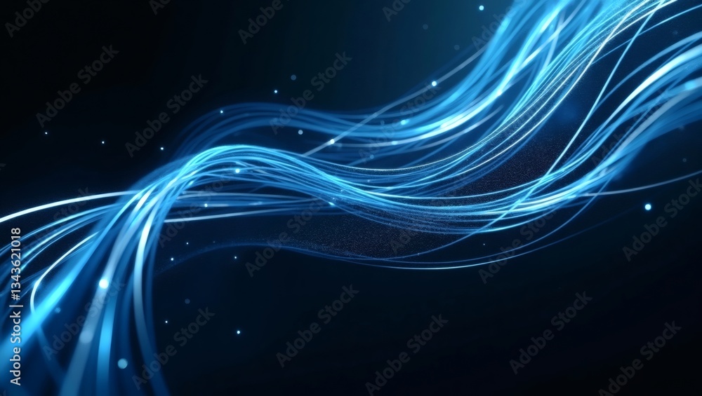 Poster glowing blue lines wave across a dark background, creating an abstract and dynamic design. The lines are curved and flowing, evoking a sense of movement and energy