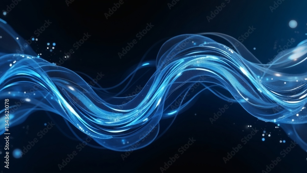 Poster glowing blue energy waves, abstract background with flowing light and particles. the artwork has a m
